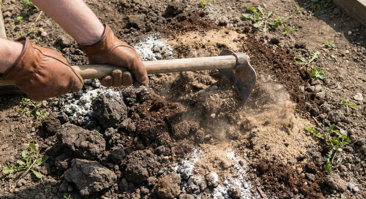 粘土質の畑に堆肥・砂・石灰を混ぜている作業