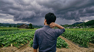 梅雨空の下、天気を見ながら畑作業を考える様子