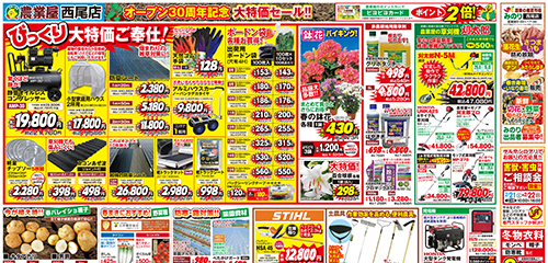 びっくり大特価ご奉仕！鉢花バイキング、除草剤、野菜種ほか