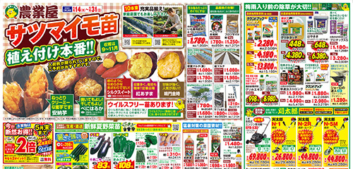 サツマイモ苗植え付け本番！新鮮夏野菜苗、猛暑対策資材、除草剤、草刈機など